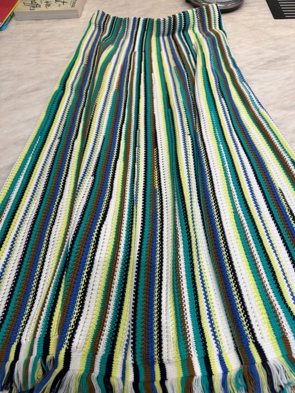 ME+EM Luxury Crochet Knit Fringe Maxi Skirt Resort Boho Coastal Chic L